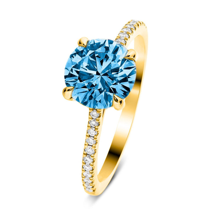 Amelia Blue Lab Diamond Round Side Stone Engagement Ring 3.30ct 18k Yellow Gold