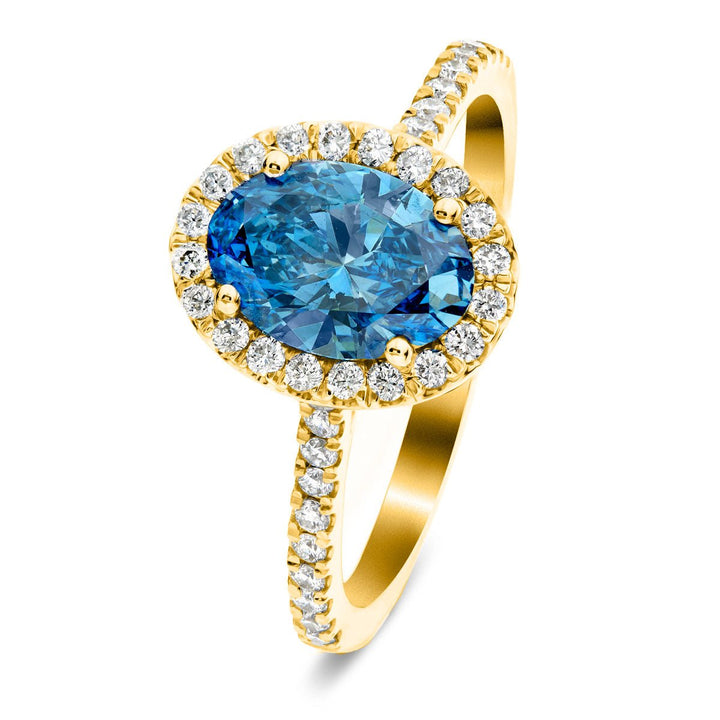 Isla Blue Lab Oval Diamond Halo Engagement Ring 1.75ct in 18k Yellow Gold