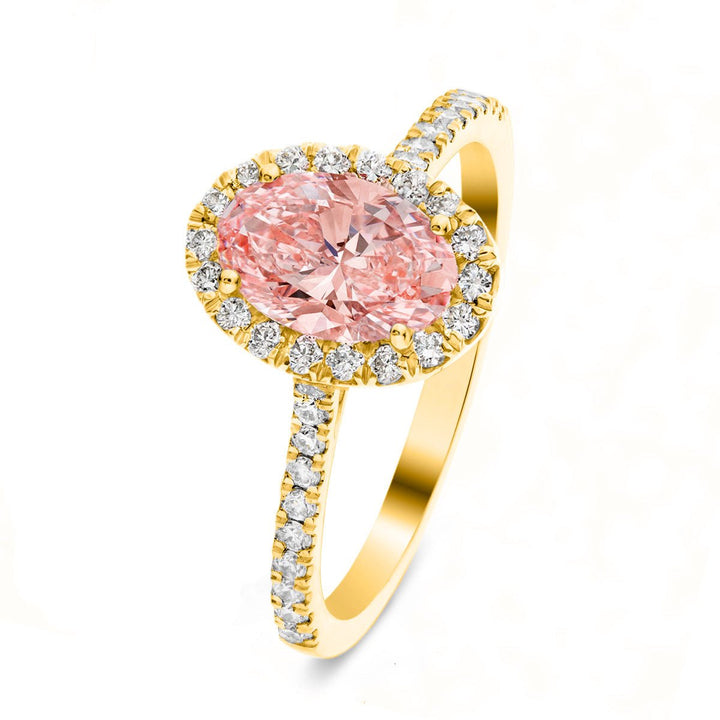 Isla Pink Lab Oval Diamond Halo Engagement Ring 1.00ct in 18k Yellow Gold