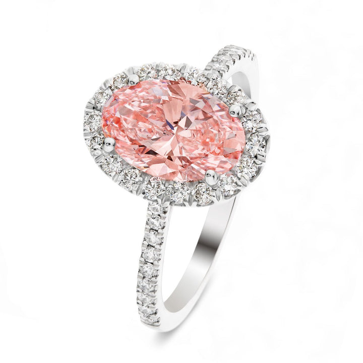 Isla Pink Lab Oval Diamond Halo Engagement Ring 4.00ct in 18k White Gold