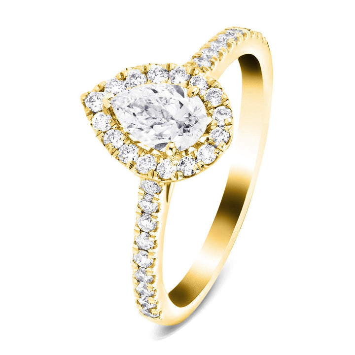 Nancy Lab Diamond Halo Pear Engagement Ring 0.85ct D/VVS in 9k Yellow Gold