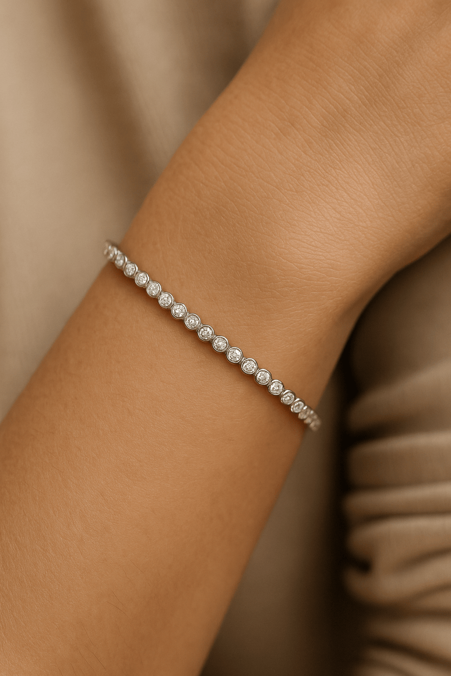 Lab Diamond Bezel Set Tennis Bracelet Lab diamond bezel set tennis bracelet in 925 silver worn on the wrist