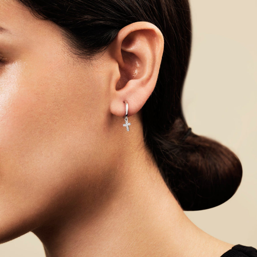 Lab Diamond Cross Drop Hoop Earrings D/VVS in 925 Silver