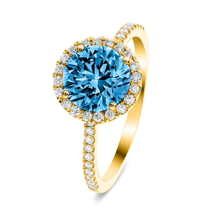 Elsie Blue Lab Round Diamond Halo Engagement Ring 3.00ct in 18k Yellow Gold