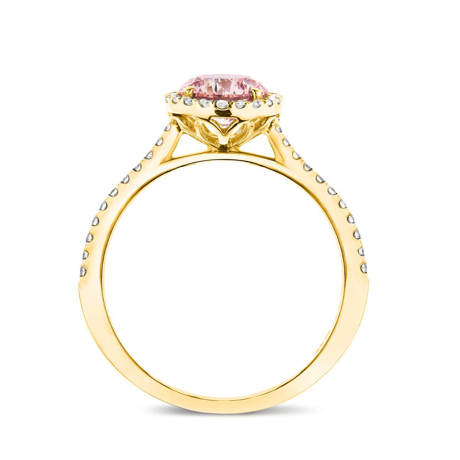 Elsie Pink Lab Round Diamond Halo Engagement Ring 1.00ct in 18k Yellow Gold - After Diamonds