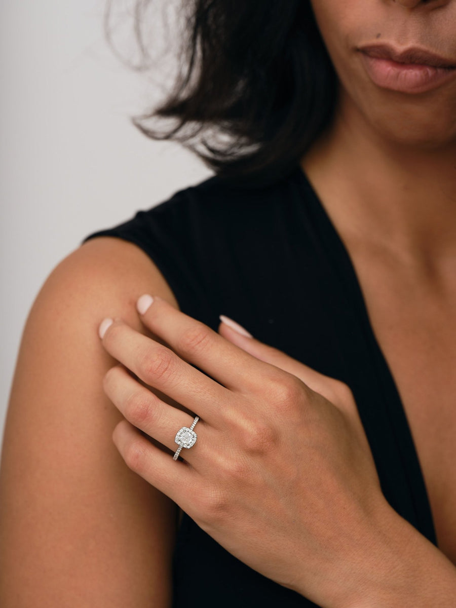 Eva Lab Diamond Halo Cushion Engagement Ring 0.85ct G/VS in 9k White Gold - After Diamonds