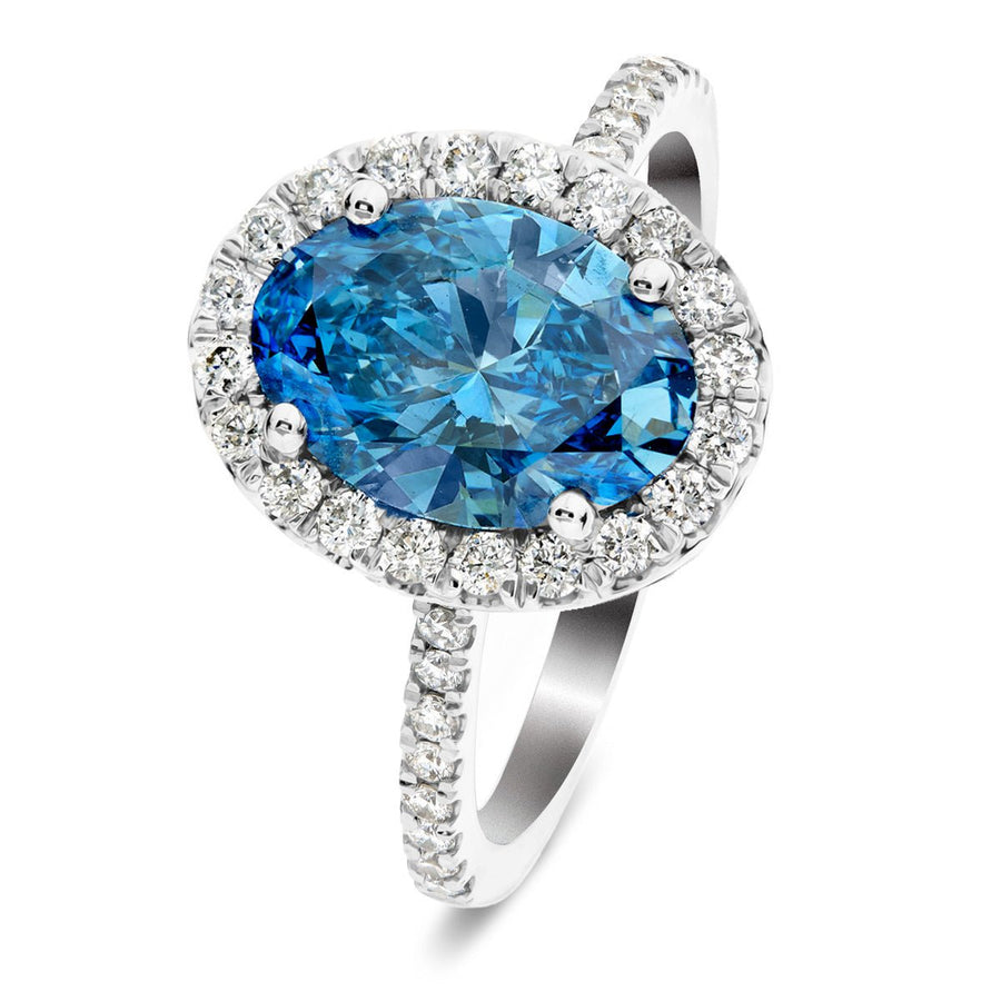 Isla Blue Lab Oval Diamond Halo Engagement Ring 2.50ct in Platinum - After Diamonds