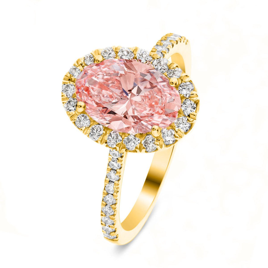 Isla Pink Lab Oval Diamond Halo Engagement Ring 4.00ct in 18k Yellow Gold - After Diamonds