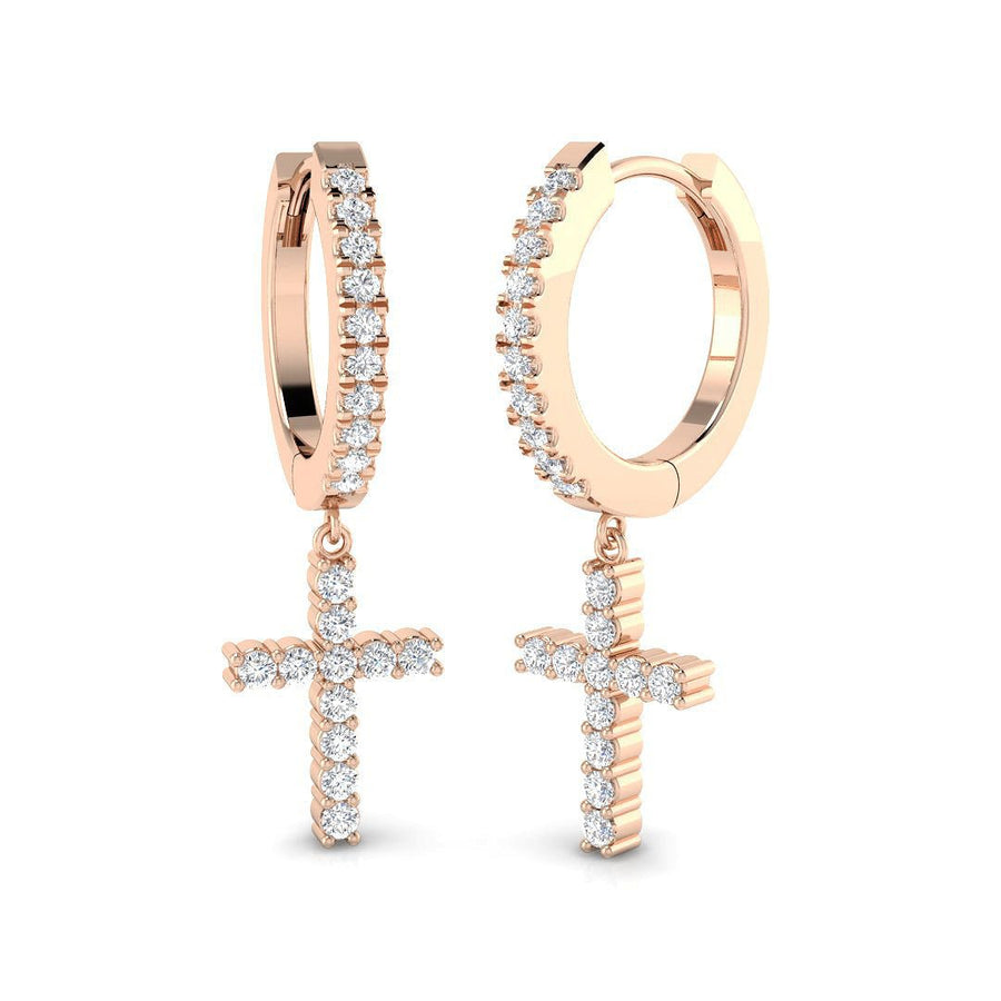 Lab Diamond Cross Drop Hoop Earrings D/VVS in 9k Rose Gold