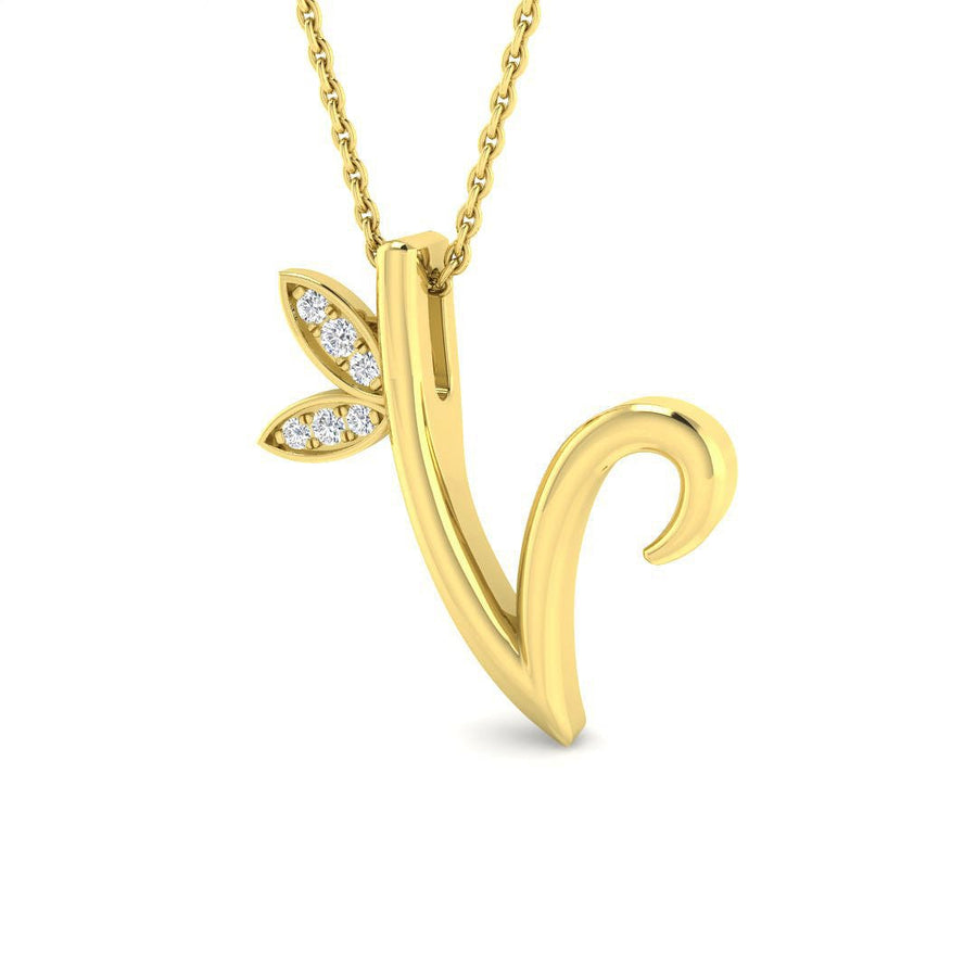 Lab Diamond Initial 'V' Pendant Necklace 0.05ct in 9k Yellow Gold - After Diamonds