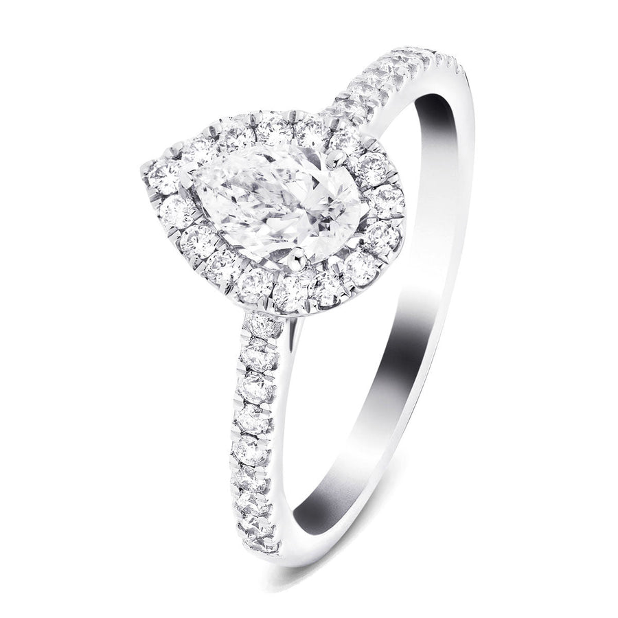 Pear G/VS lab diamond halo engagement ring with D/VVS side diamonds in 9k white gold